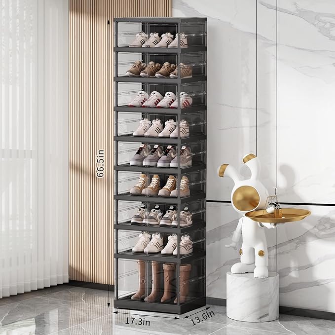 Shoe Rack Organizer for Closet Entryway Foldable Sneaker Storage Shoe, Collapsible Shoe Cabinet, Stackable Shoe Storage Cabinet with Lids for Living Room (9 Tiers -18 Pairs Transparent Black)