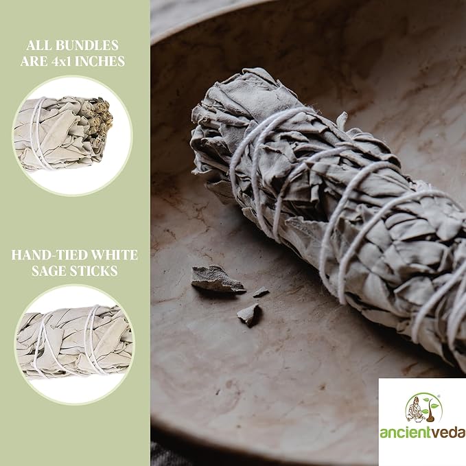 Ancient VEDA 4 Inch White Sage Smudge Sticks Bulk with Starter Guide (6 Pack) Smudge Sticks Sage for Cleansing House | White Sage for Smudging and Negative Energy Yoga | California Sage Bundles