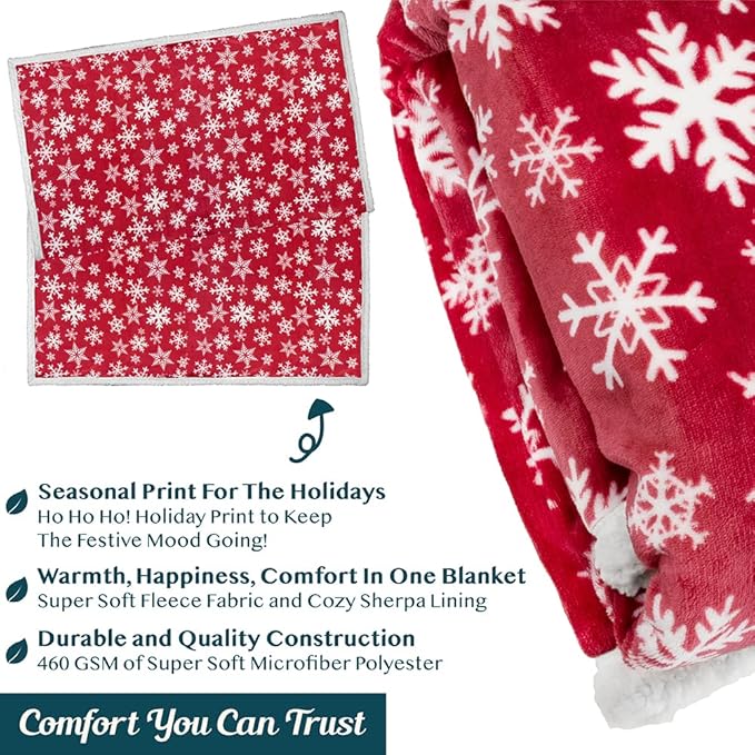 PAVILIA Premium Christmas Sherpa Throw Blanket | Red Snowflake Decoration, Fleece, Plush, Warm, Cozy Reversible Microfiber Holiday Blanket 60 x 80 Inches