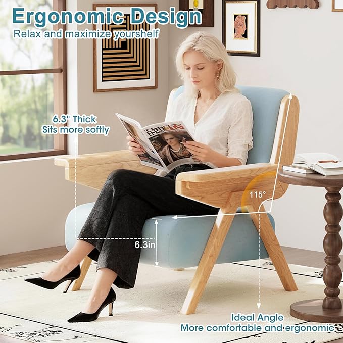 Accent Chair Mid Century Modern Chair, Velvet Upholstered Lounge Arm Chair with Solid Wood, Cozy Reading Chair for Living Room, Bedroom, Balcony (Blue)
