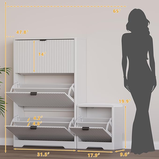 Slim Shoe Cabinet with Bench for Entryway, Hidden Storage and Adjustable Shelves, Free Standing Wooden Shoes Organizer for Foyer, Hallway