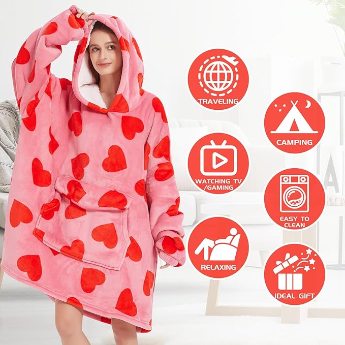 Wearable Blanket Hoodie for Adult,Oversized Sherpa Fleece Blanket Hoodie for Women Men,Heart