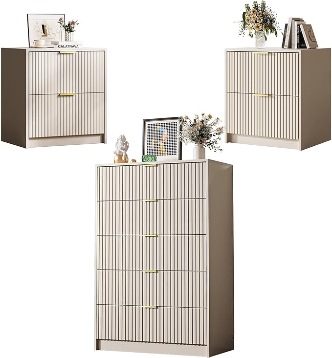 3-Piece Dresser Bedroom Set, 5 Drawer Dresser & 2 Drawer Nightstands with Gold Handles, Fluted Wood Chest of Drawers for Bedroom, Living Room, Entryway, Beige