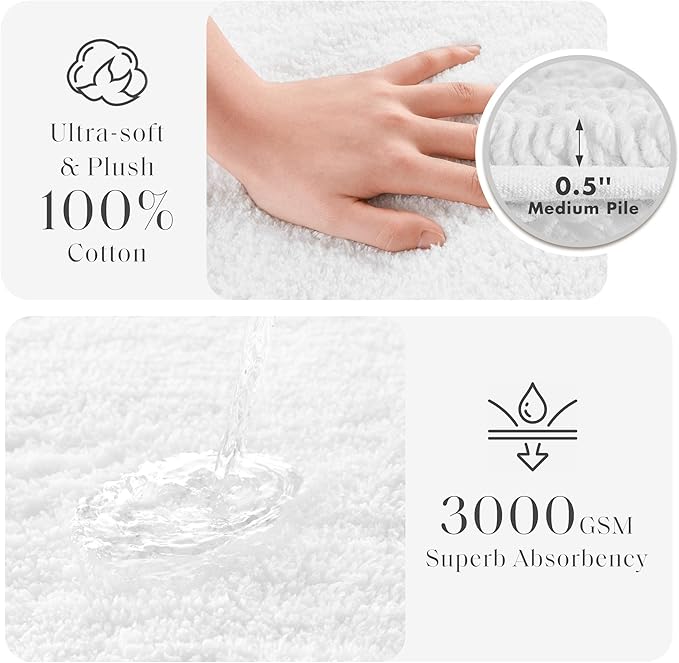 Madison Park Splendor Reversible 100% Cotton Tufted Bathroom Rug-3000 GSM Hotel Quality Luxurious Plush Medium Pile Bath Mat Absorbent, Quick Dry, Shower Room Décor, 24x44 White