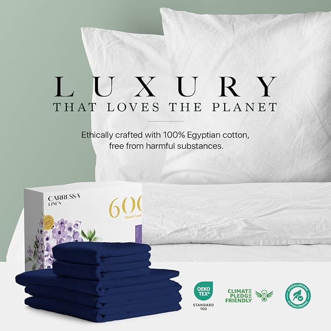 Carressa Linen 100% Egyptian Cotton Split King Size Sheet Set - 5 PC 600 Thread Count Sheets Set for Split King Bed (Navy Blue), Soft, Cooling, Luxury Hotel 16" Deep Pocket Sateen Bedsheet