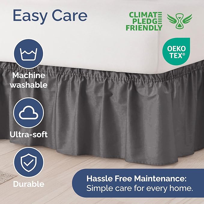 Wrap Around Dust Ruffle Bed Skirt - Dark Grey - for King Size Beds with 21 Inch Drop - Elastic Strap - Adjustable Pleated Bedskirt with Brushed Fabric and Wrinkle Free - for Women, Men, Kids & Teens