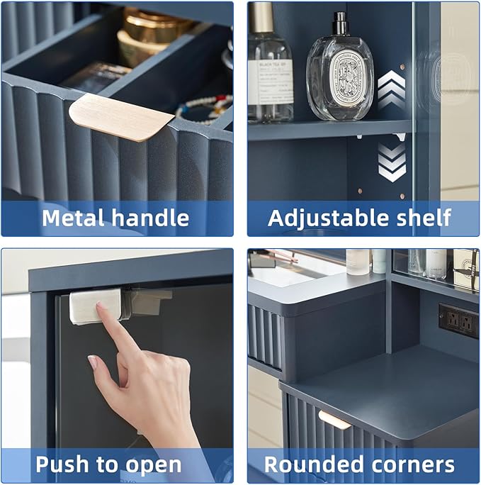 LEYAOYAO Vanity Desk with Mirror and Lights, 43.5'' Fluted Makeup Vanity with 6 Drawers and Adjustable Shelves, Navy Blue Make Up Vanity Wood Dressing Table with Glass Top and Power Outlet for Bedroom