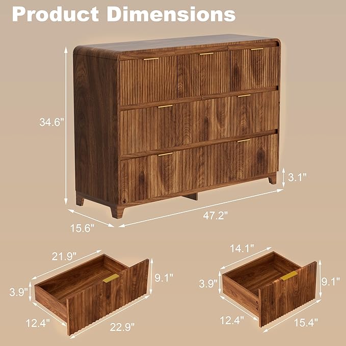 3 Pcs Dresser Closet Bedroom Set, 7 Drawer Fluted Dresser and Nightstand Set of 2 with Charging Station, Modern Bed Side Table Chest of Drawers Storage Cabinet Set for Bedroom, Living Room, Walnut