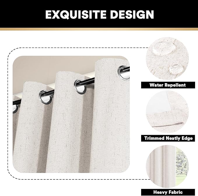 PrinceDeco 100% Blackout Curtains 84 Inches Long with Thermal Insulated White Liner Linen Textured Blackout Curtains for Bedroom, W42 x L84, 2 Panels,84 inch Length for Doorway, Office, Ivory
