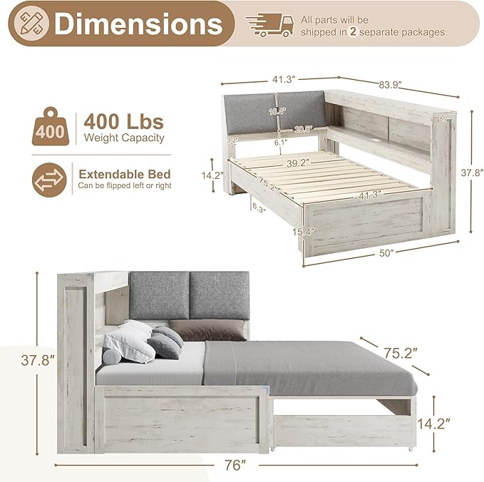 Corner Bed Frame with Extendable Trundle Bed and Bookcase Upholstered Headboard, 3-in-1 Twin Size Wood Daybed with LED Lights and Charging Station, for Bedroom, Guest Room, White
