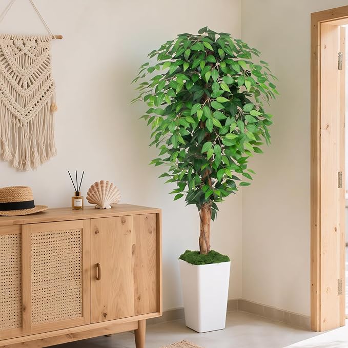 5ft Ficus Artificial Tree with 3 Natural Curved Trunks, 60" Tall Lush Faux Tree for Home Decor Indoor, Green Lifelike Fake Ficus Tree with White Planter Pot