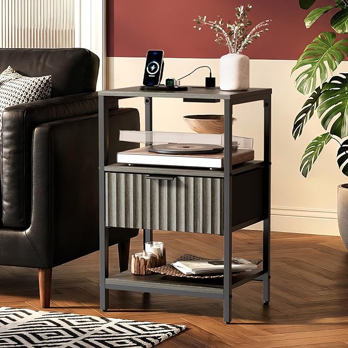VINGLI Grey Night Stand with Charging Station, Fluted Nightstand Gray with Fabric Drawer, Bed Side Table/End Table for Bedroom, Dorm, 14.96" W*11.81" D*23.7" H