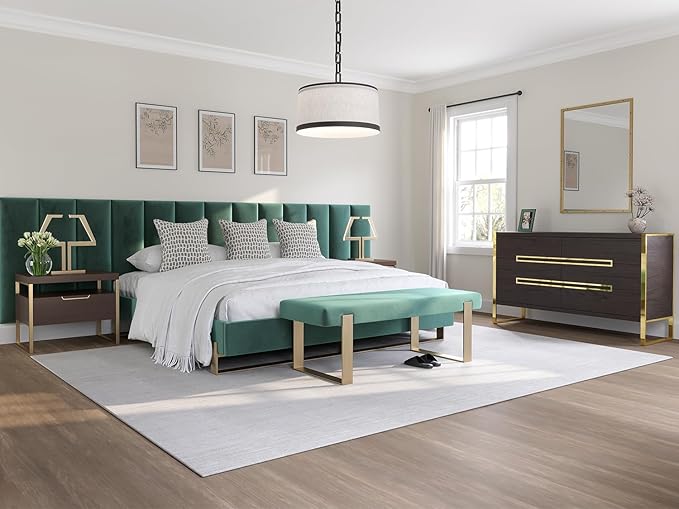 VANT Upholstered Bed Bench - Velvet Emerald Green - Matte Black - Contemporary Modern, Bedroom Bench Seat, Hallway, or Entryway