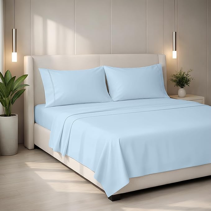 Mayfair Linen 100% Egyptian Cotton Queen Sheets Set - 2000 Series Luxury Sheets Queen Size Bed Set, Soft & Cooling, Sateen Weave 17" Extra Deep Pocket Hotel Collection Sheet (4 Pc, Light Blue)