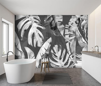 -Tropical Botanical Grey Banana Leaf Fabric Wallpaper Living Room Bedroom Bathroom Plant Wall Mural- 91"x65"（ not Peel and Stick）