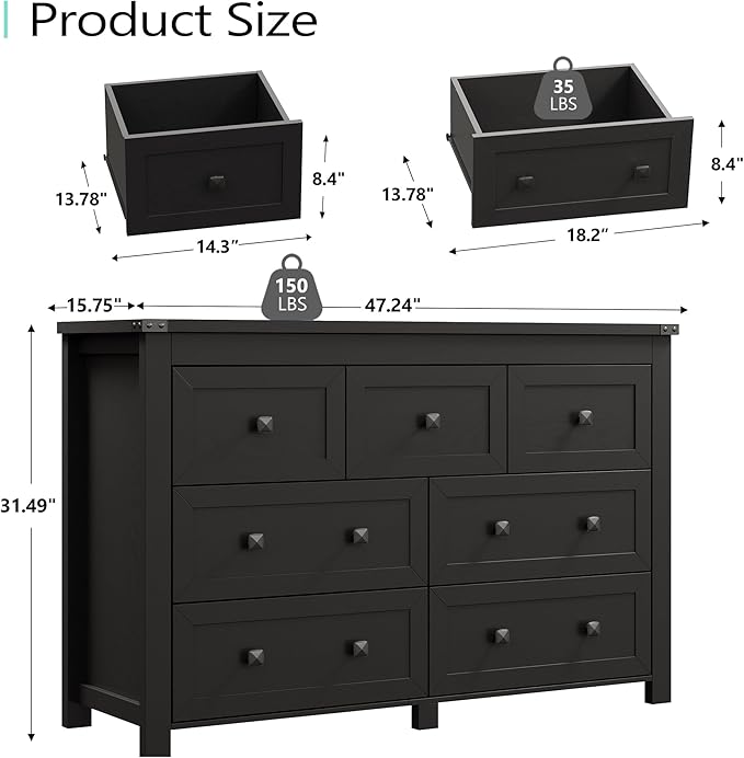 7 Drawer Dresser for Bedroom, Farmhouse Wood Chest of Drawers, Wide TV Stand Closet Storage Furniture with Metal Handle, Modern Wooden Clothes Organizer for Hallway, Living Room, Entryway, Black