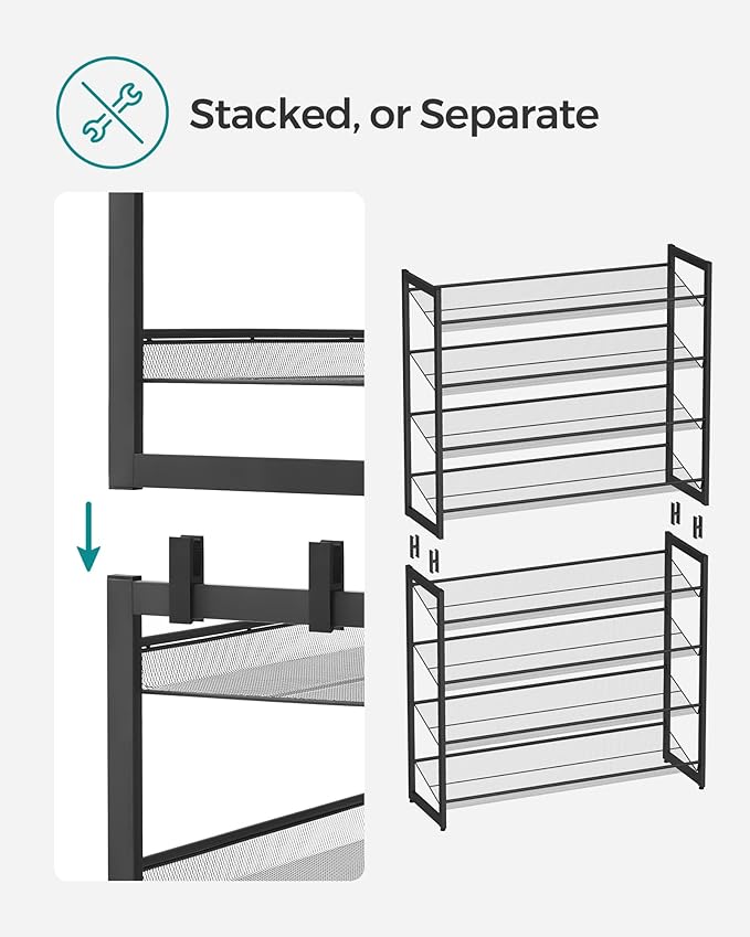 SONGMICS Shoe Rack, 8-Tier Shoe Organizer, Metal Rack for Garage, Set of 2, 4-Tier Stackable Shelf, with Adjustable Flat or Angled Shelves, 32-40 Pairs, Ink Black ULMR08B