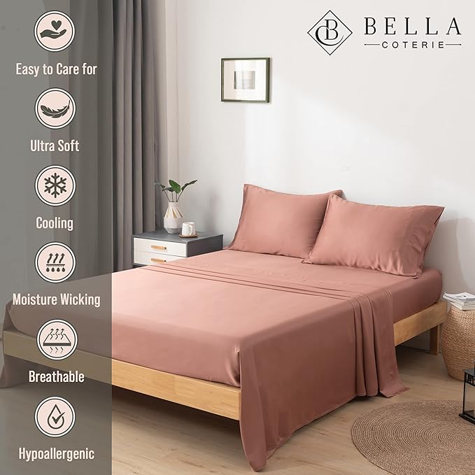 Bella Coterie Luxury Bamboo Viscose King Size Sheet Set | 100% Organically Grown | Ultra Soft | Cooling for Hot Sleepers | 18" Deep Pocket [Raisin]