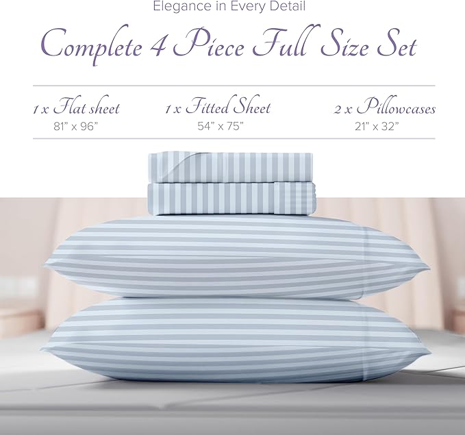 Carressa Linen Luxury Egyptian Cotton Full Stripe Sheet Set - 600 Thread Count Extra Long Staple 4 PC Set, Light Blue Full Damask Sheets, Soft, Cooling Sateen Weave Sheets Upto 18 in Deep Pocket