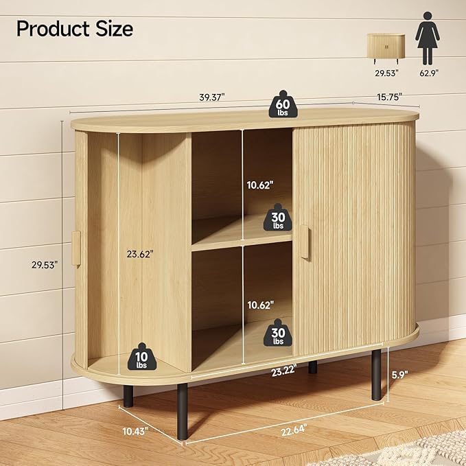 ONBRILL 40" Sideboard Buffet Cabinet with Storage, Storage Cabinet with Sliding Door & Adjustable Shelf, Modern Accent Coffee Bar Console Table for Kitchen, Entryway, Oak