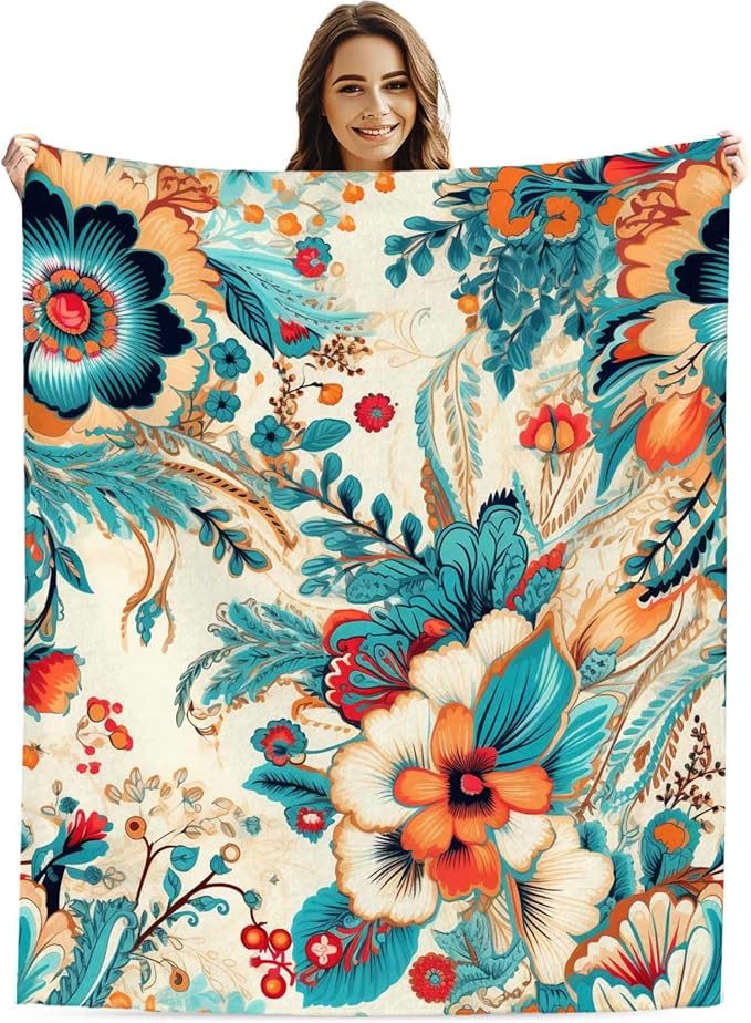 Flowers Blanket Throw, Turquoise Orange Hues Leaves Throw Blanket for Women Men, Soft Lightweight Flannel Fabric, Washable No-Pilling, 40x50 inches