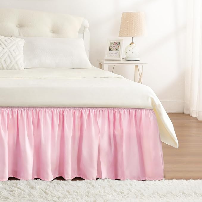 RIMELA Dusty Pink Bed Skirt Queen Size 18 Inch Drop, Wrap Around Elastic Bedskirt, Dust Ruffle for Adjustable Bed Base Machine Washable Easy to Install Bed Skirts
