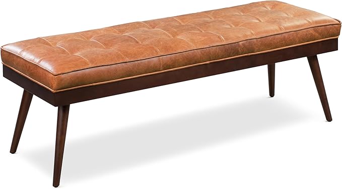 Poly & BARK 55" Tufted Leather Bed Bench for Bedroom End of Bed - Living Room Entry Way Bench - Pure Italian Leather Upholstery with a Solid Wood Frame - Ottoman Bench with Wooden Legs - Cognac Tan