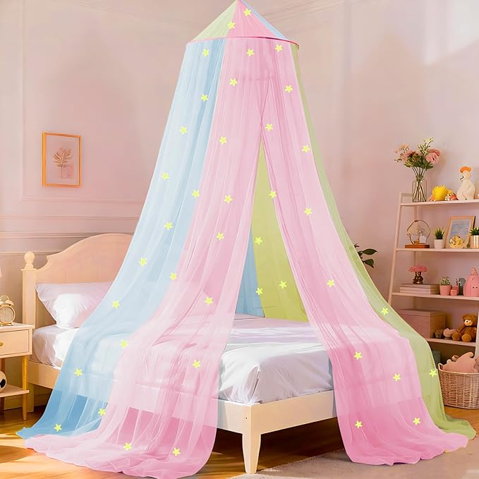 Rainbow Bed Canopy for Girls with Glowing Stars, Colorful Princess Canopy Bed Curtains for Twin, Full, and Queen Sizes,Mosquito Netting for Baby Crib,Ceiling Tent for Kids Bedroom Decor