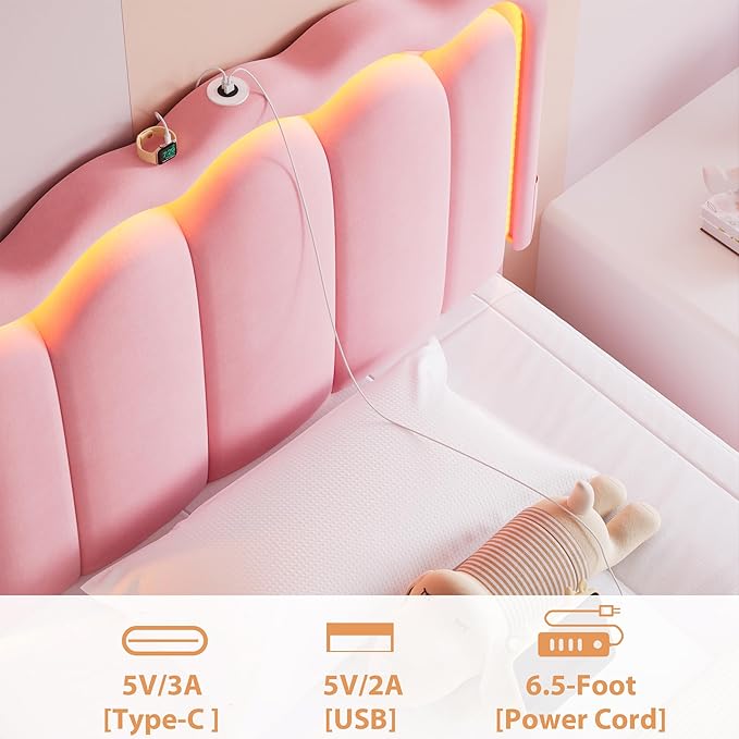 Velvet Upholstered Twin LED Bed Frame with Storage Drawer and Adjustable Chic Double Wavy Headboard, Princess Platform Bed for Girls/Kids, Solid Wood Slats Support, No Box Spring Needed, Pink