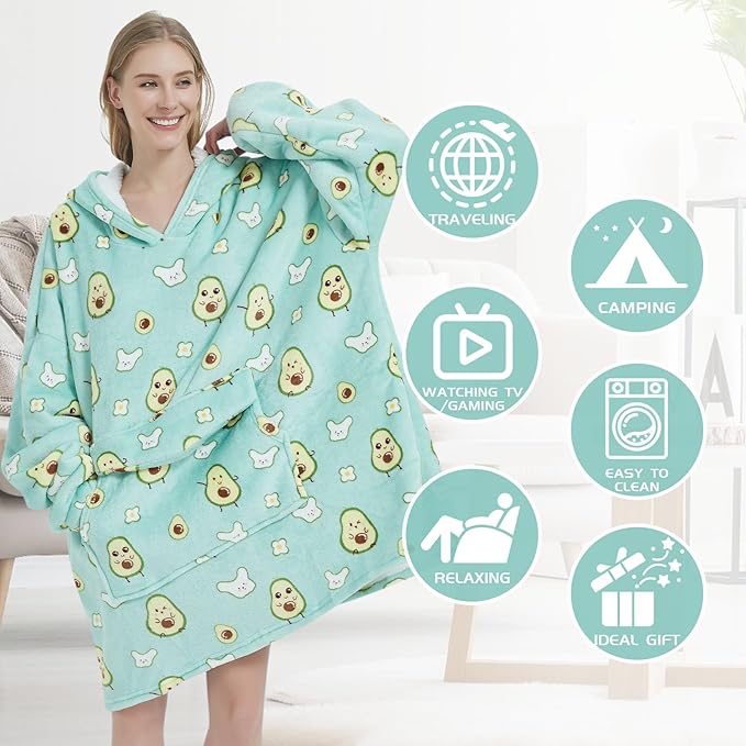 Wearable Blanket Hoodie for Adult,Oversized Sherpa Fleece Blanket Hoodie for Women Men,Cute Avocado