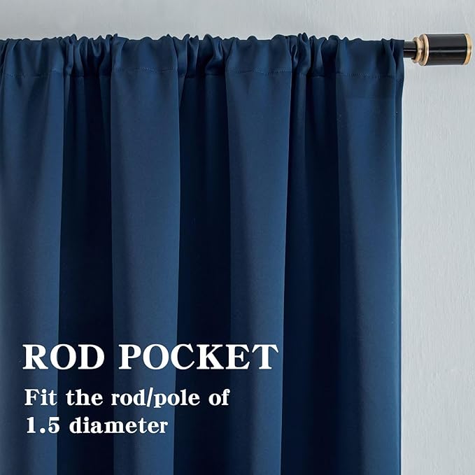Blackout Curtains 96 Inches Long 2 Panels Set, Navy Blue Curtains Thermal Insulated Room Darkening Drapes for Bedroom, Rod Pocket Light Blocking Drapes Living Room(52W × 96L, Navy Blue)