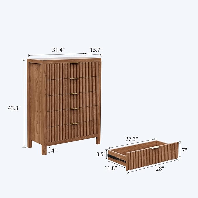 5 Drawer Dresser, 43" Tall Dresser Organizer TV Drawer Cabinet Modern Wood Storage Cabinet, Modern Wood Storage Cabinet for Bedroom, Hallway, Entryway, Walnut Oak X 2