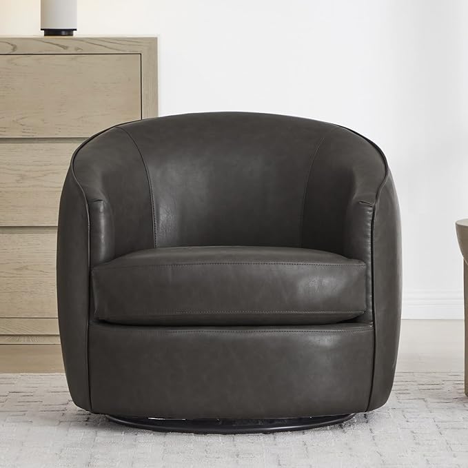 CHITA Swivel Barrel Chair, Modern Comfy FSC Certified Upholstered Faux Leather Accent Chair for Living Room, Fully Assembled, Grey