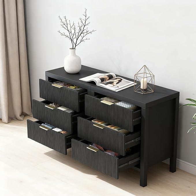 Fluted Nightstands Set of 2, Wooden Farmhouse Night Stands with 6 Drawer Bedside Table - Boho Tall End Table Accent Table for Bedroom, Living Room, （Black 2PCS）