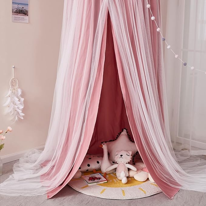 Kertnic 31.5inch Large Dome Bed Canopy for Girls, Double Layer Dreamy Ruffle Princess Canopy, Bedroom Hanging Tent Kids Reading Nook Canopies,Full Queen Bed Canopy Curtain (Dark Rusty-Pink)