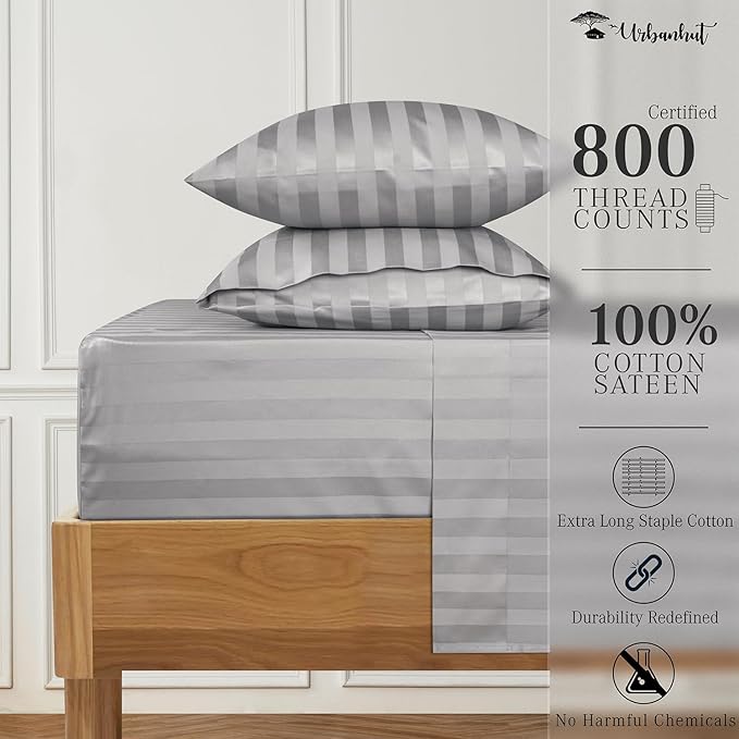 URBANHUT 800 Thread Count 100% Cotton Damask Full Size Sheets, 4 Piece Striped Full Size Bedsheets, Luxury Hotel Sheets Sateen Weave - Better Than Egyptian, 16" Elasticized Deep Pocket- Silver Grey
