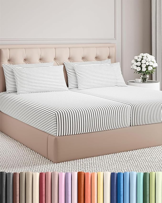 Split King 7 Piece Sheet Set - Cooling & Breathable - Hotel Luxury Bedding Includes Fitted Sheets for Women, Men, Kids & Teens - 1 Flat, 2 Fitted Sheets, 4 Pillowcases w/Deep Pockets - Grey Stripes