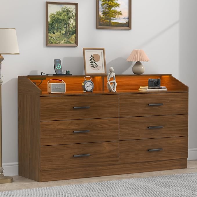 6 Drawer Dresser with Power Outlet, Chest of Drawers with LED Light, Modern Dresser with Open Storage Cubby, Double Wide Dressers Organizer for Bedroom, Living Room, Entryway,Hallway
