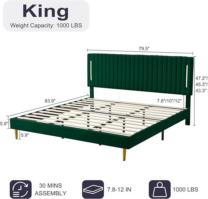 King Platform Bed Frame, Velvet Upholstered Bedframe with Vertical Channel Adjustable Headboard, Golden Plating Trim, Mattress Foundation with Wooden Slats, No Box Spring Needed, Green