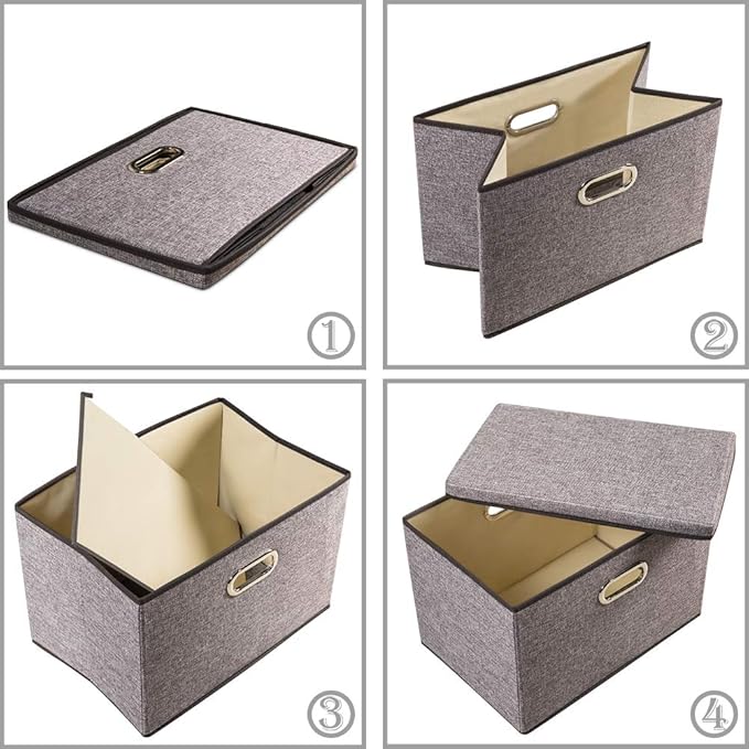 PRANDOM Large Collapsible Storage Bins with Lids [3-Pack] Linen/Cotton Blend Foldable Storage Boxes Organizer Containers Baskets Cube with Cover for Home Bedroom Closet Office Nursery(17.7x11.8x11.8)