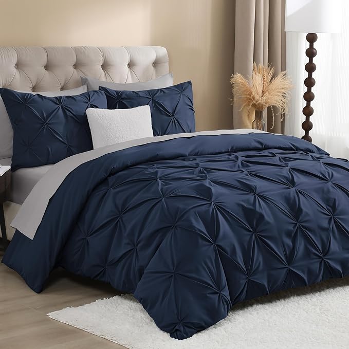 Litanika Navy Blue California King Pinch Pleat Duvet Cover, 3 Pieces Pintuck Cover Soft Microfiber Bedding Set with Zipper Closure & Corner Ties(1 Duvet Cover, 2 Pillowcases)
