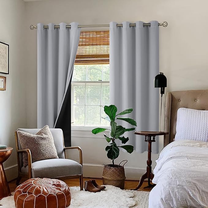 BGment 100% Blackout Curtains for Bedroom with Black Liner, Thermal Insulated Thick Double Layers Total Light Blocking Grommet Window Curtains 63 Inch Length 2 Panels Set (52 x 63 Inch, Light Grey)