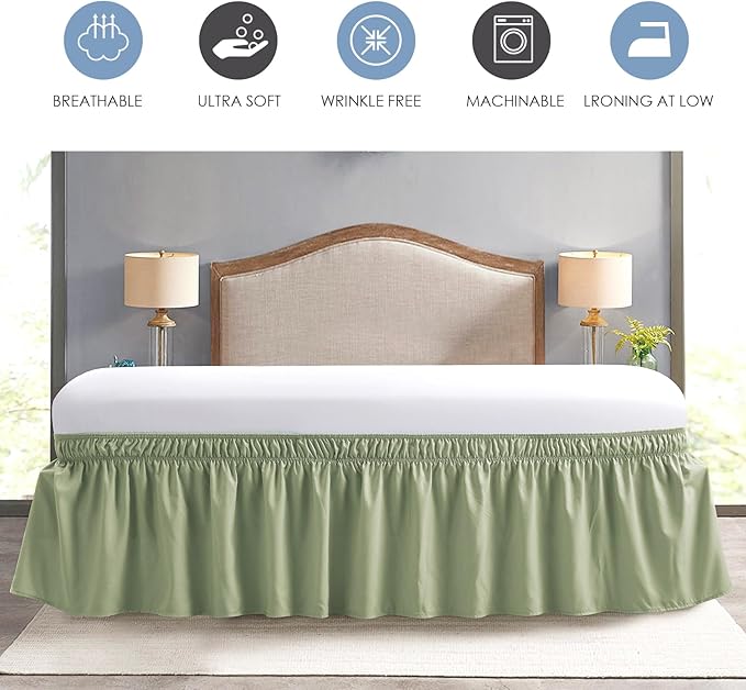 FreshCulture Elastic Wrap Around Bed Skirt - Easy Fit with 15-Inch Tailored Drop, Hotel Quality Dust Ruffle for Full Size Bed (Sage Green)