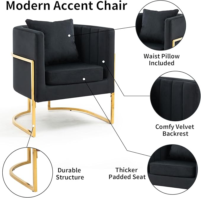 Velvet Modern Accent Chair, Upholstered Barrel Armchair Mid Century with Pillow for Living Room, Comfy Single Vanity Chair with Metal Gold Legs for Bedroom, Black