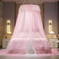 VETHIN Princess Bed Canopy for Girls Double Layer Sheer Mesh Dome Elegant Embroidery Lace Mosquito Net Bed Curtain for Full Queen King Bed with led Stars String Lights(Pink/White-1)
