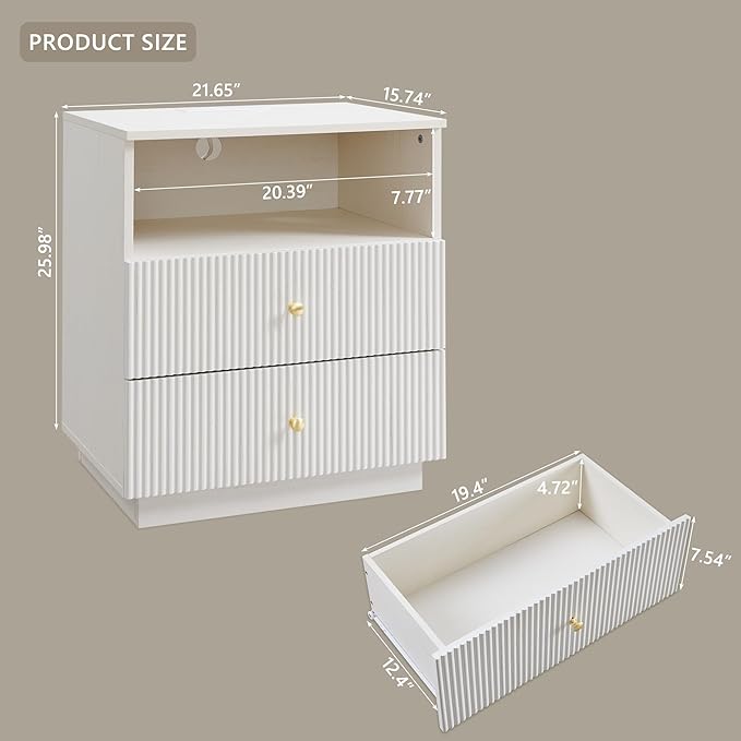 Fluted Nightstand with Charging Station, 21.65" Wide End Table with 2 Drawers, Modern Wood Bedside Table for for Bedroom, Living Room,White