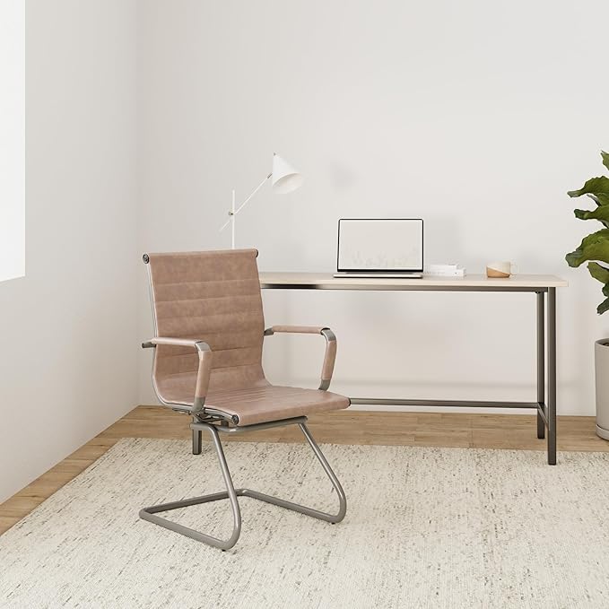 Wahson Office Guest Chairs Set of 2, Leather Reception Chairs, Mid Back Waiting Room Chair, Conference Chairs with Sled Base for Meeting/Lobby/Restroom, Brown