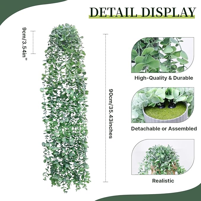 Artificial Hanging Plants for Shelf, Fake Potted Greenery 2-Pack Faux Eucalyptus Vine in Black Pot, Décor for Office Living Room Bathroom Indoor Outdoor