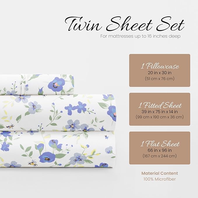 Linen Market 3 Piece Twin Sheets (Light Blue Floral) - Sleep Better Than Ever with These Ultra-Soft & Cooling Bed Sheets for Your Twin Size Bed - Deep Pocket Fits 16" Mattress