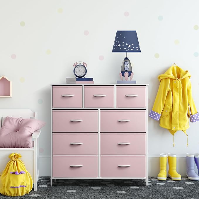 Sorbus Dresser with 9 Drawers - Furniture Storage Chest Tower Unit for Bedroom, Hallway, Closet, Office Organization - Steel Frame, Wood Top, Fabric Bins (Solid Pink, Solid)